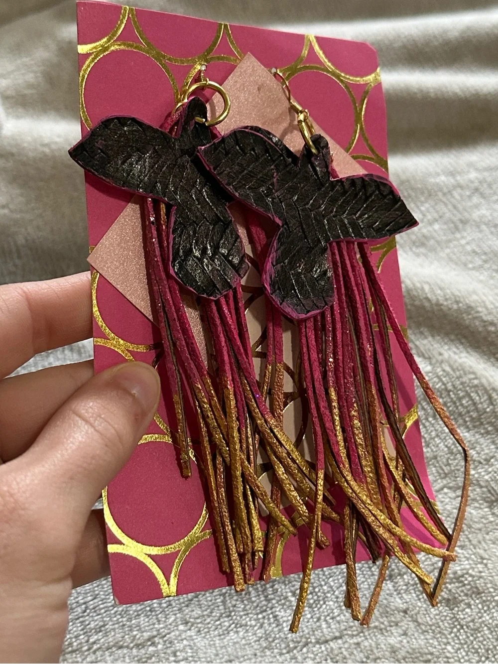Black Faux Leather Bird And Pink Fringe Earrings - Picture 2 of 3